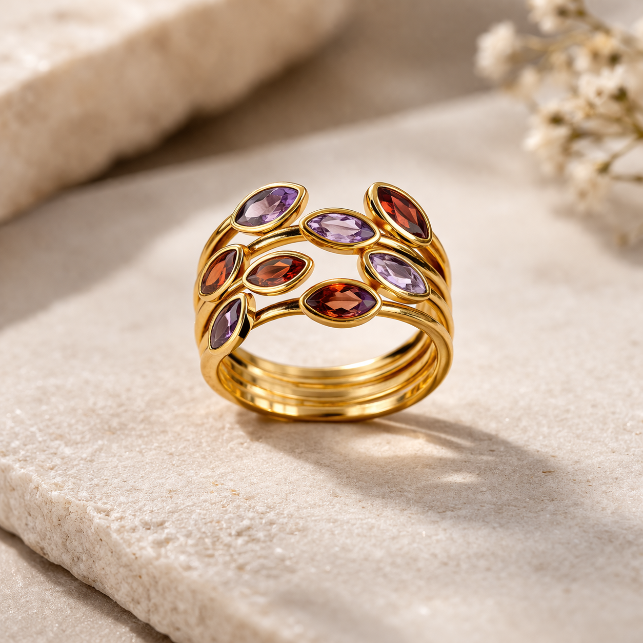 Amethyst and garnet multi row ring in 18K gold plated 925 sterling silver