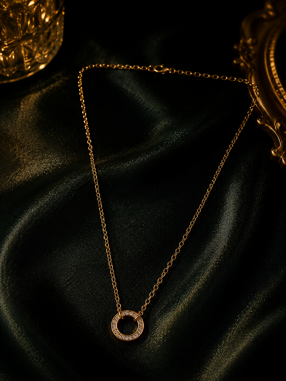 Circular Link Chain Necklace in 14K gold vermeil 925 sterling silver, ivory background daylight shot