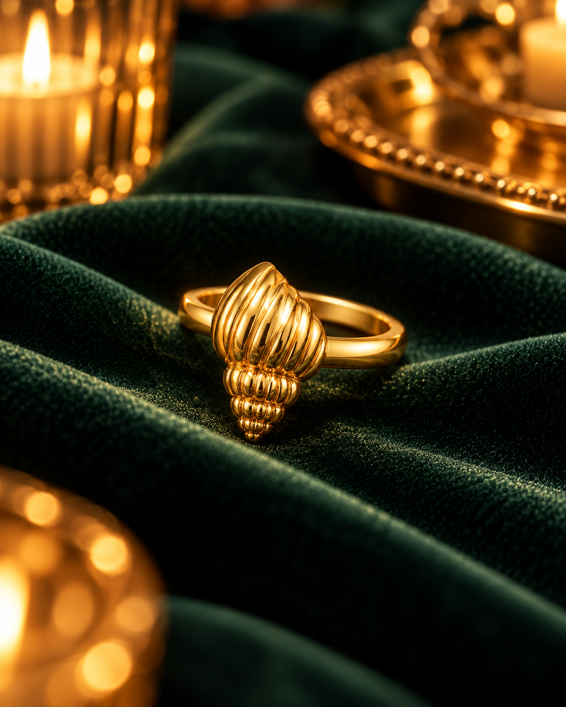 Conch Ring in gold tone stainless steel, ribbed shell form on a fine band