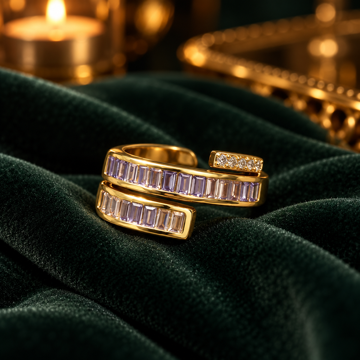 Wisteria Ring, gold wrap ring channel set with two rows of lilac baguette stones
