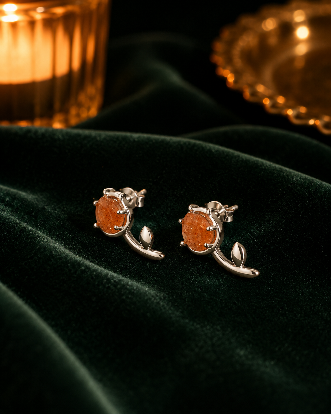 Sunstone Tulip Stud Earrings with natural sunstone in 925 sterling silver rhodium finish, daylight shot