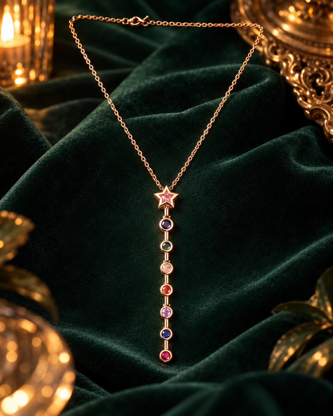 Rainbow Star Drop Necklace, gold tone stainless steel with a star and a drop of seven coloured stones