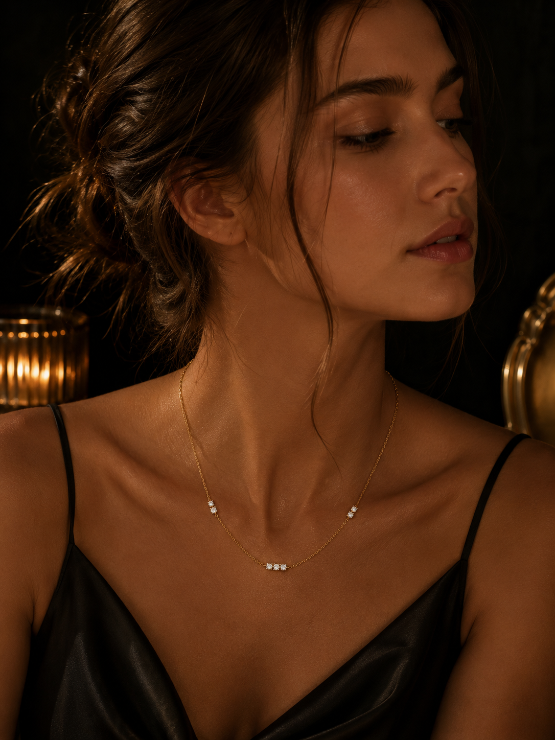 Cubic Zirconia Station Chain Necklace close-up of CZ station stones on fine chain