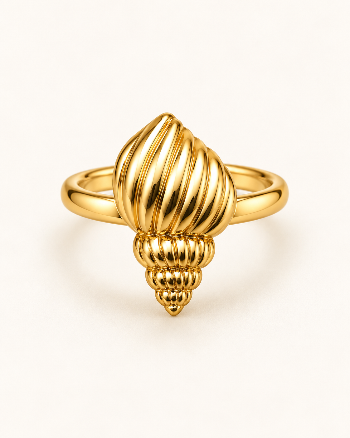 Conch Ring detail, sculpted spiral shell in polished gold tone steel