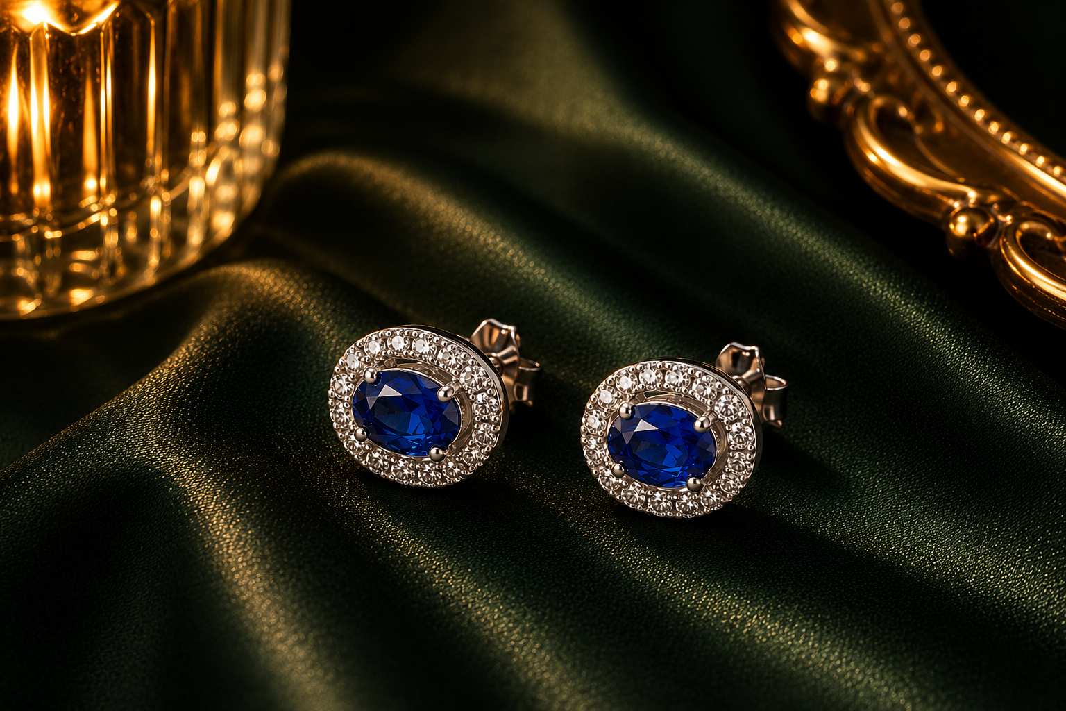 Blue Topaz Halo Stud Earrings with natural blue topaz centre and CZ halo in 925 sterling silver, daylight shot
