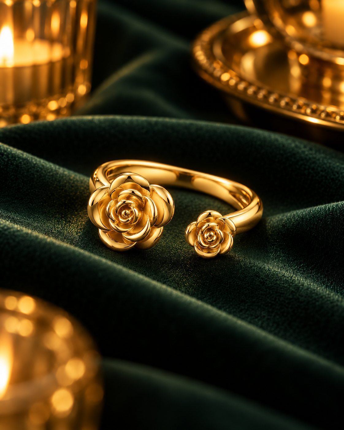 Two Roses Ring detail, sculpted rose heads on an open adjustable band