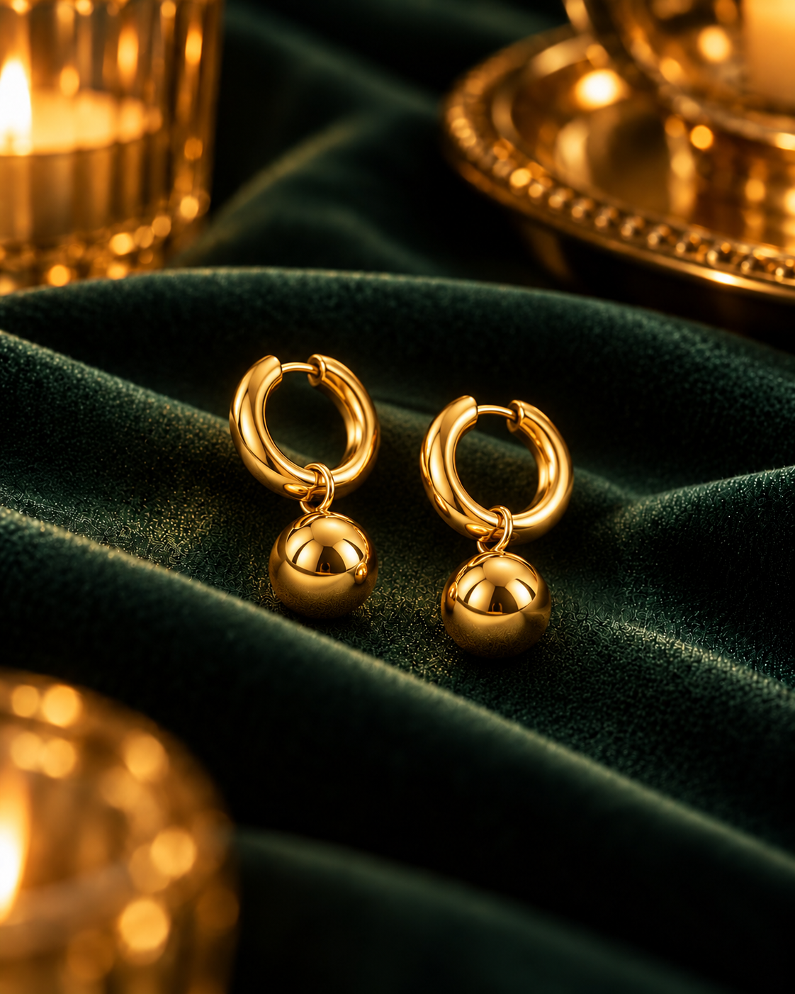 Ball Drop Huggie Earrings, polished gold tone stainless steel hoops with a ball drop