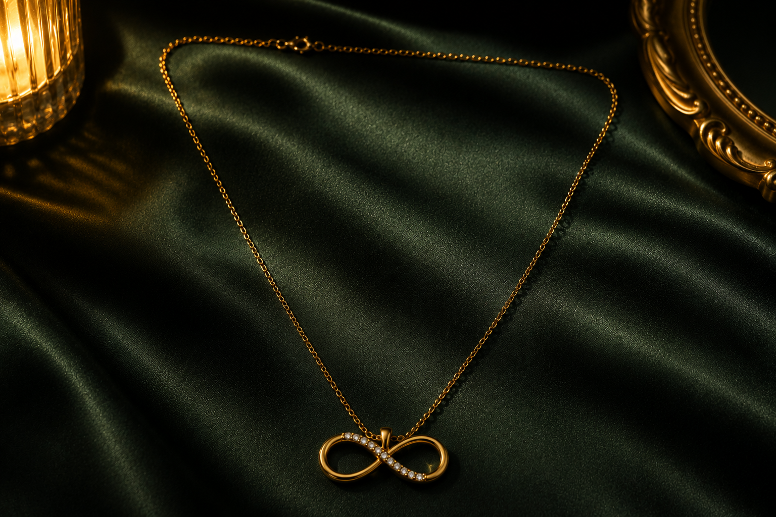 Infinity Chain Necklace in 18K gold vermeil 925 sterling silver, ivory background daylight shot