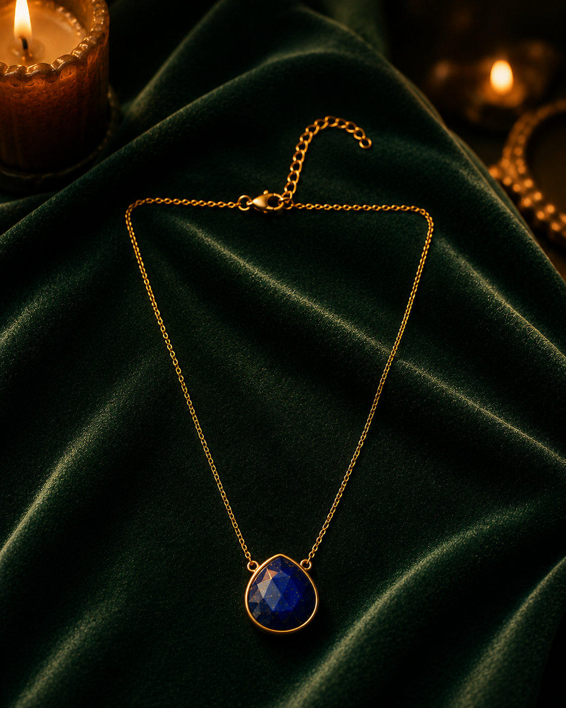 Lapis Lazuli Pendant Necklace with natural lapis lazuli in 18K gold vermeil 925 sterling silver, ivory background daylight shot