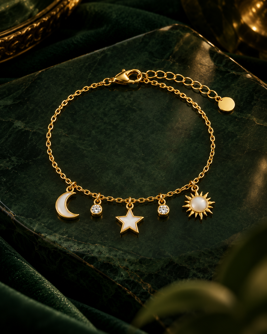 Sun, Moon and Star Charm Bracelet, gold tone stainless steel with white moon, star and sun charms