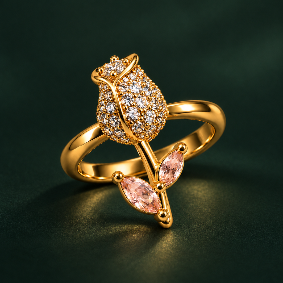 Tulip Ring detail, crossover band with pave bud and blush marquise stones