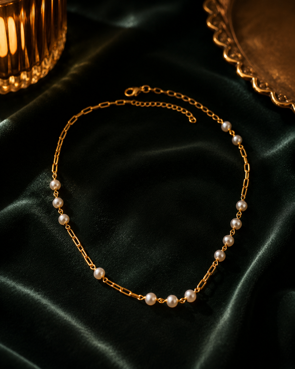 Freshwater Pearl and Gold Chain Necklace in 18K gold plated 925 sterling silver, ivory background daylight shot