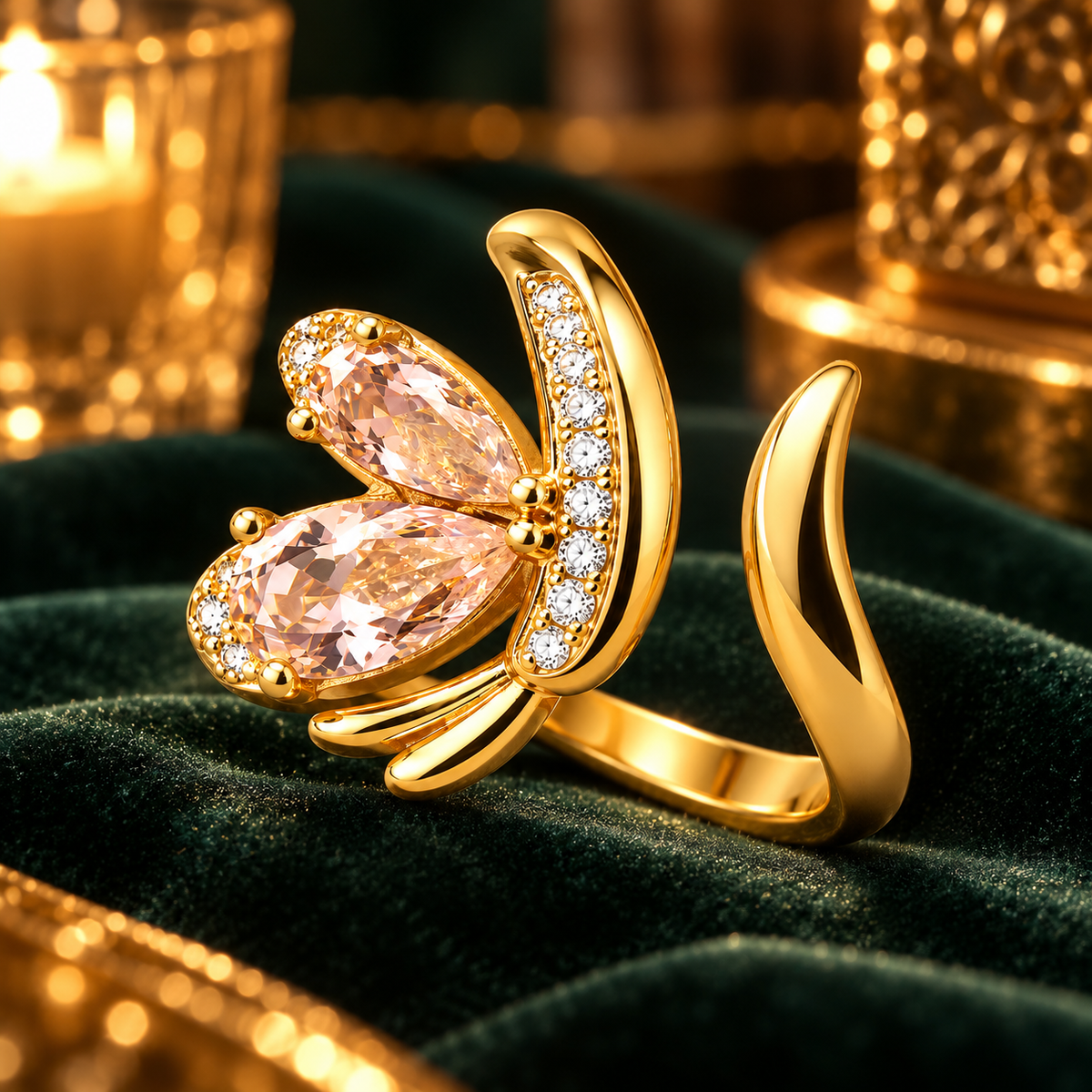 Sweet Pea Ring, two peach pear cut stones with a pave curve and gold tendrils on an adjustable band