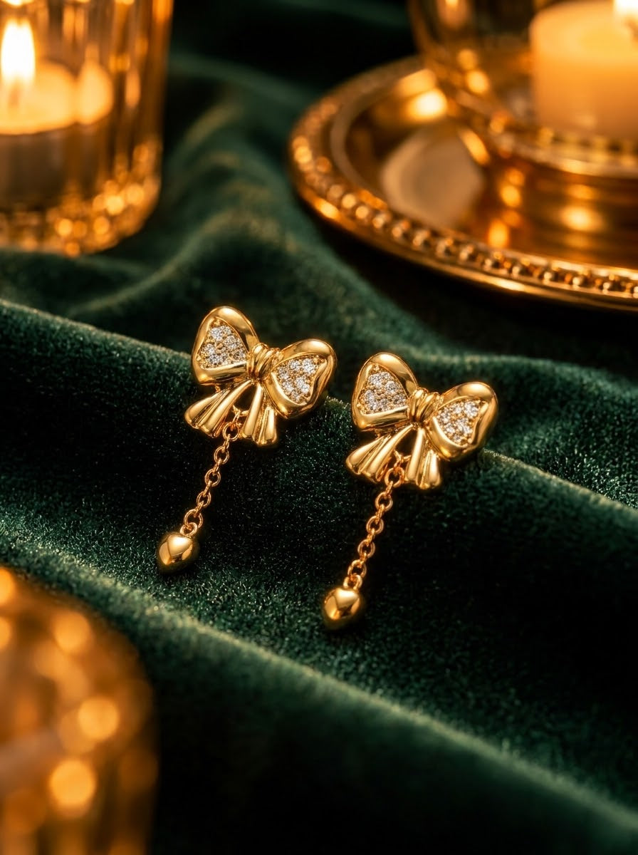 Amaraeth Bow Chain Drop Earrings, gold tone with cubic zirconia