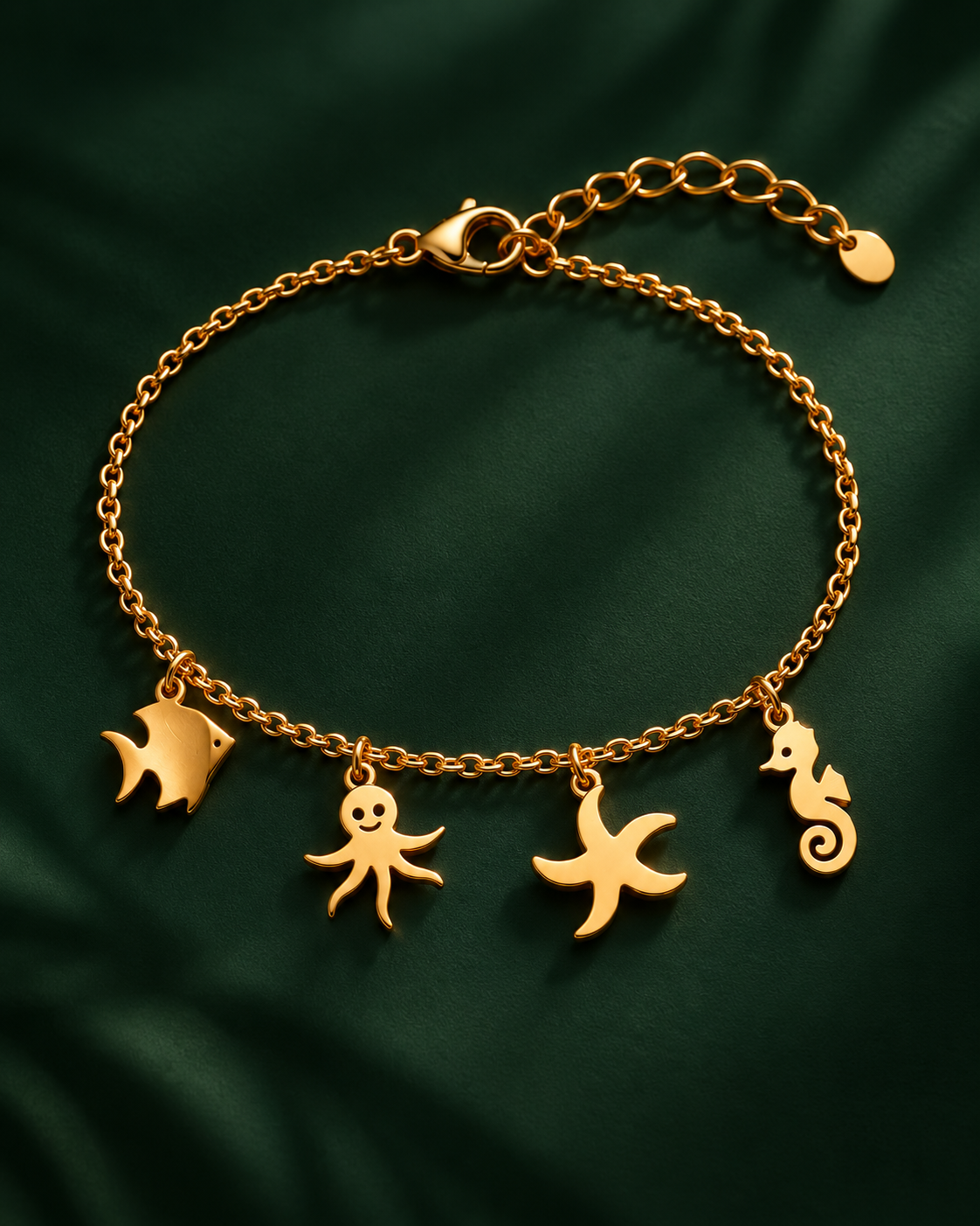 Sea Life Charm Bracelet, gold tone stainless steel with fish, octopus, starfish and seahorse charms