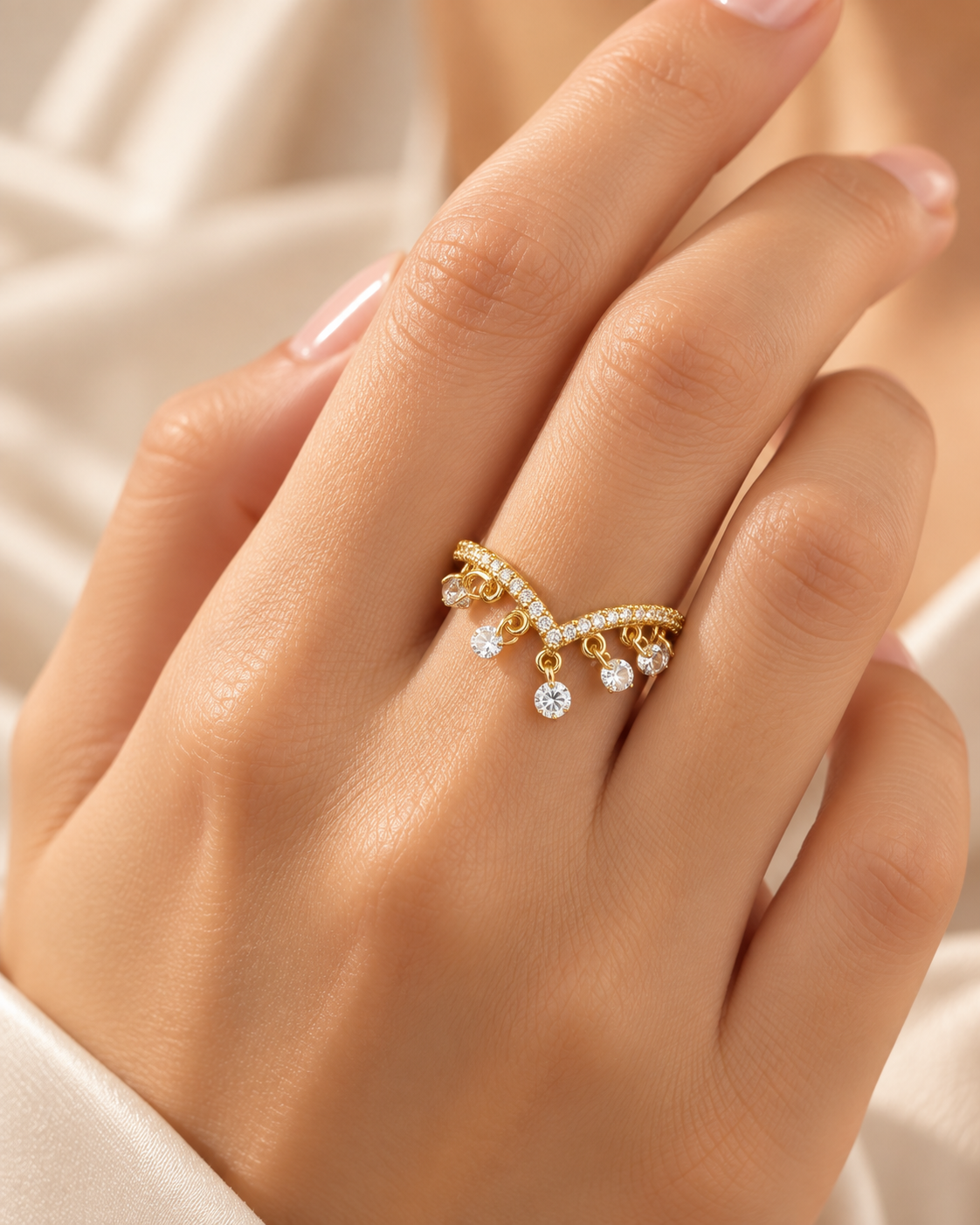 Chandelier Ring, gold tone steel ring with movable crystal drops