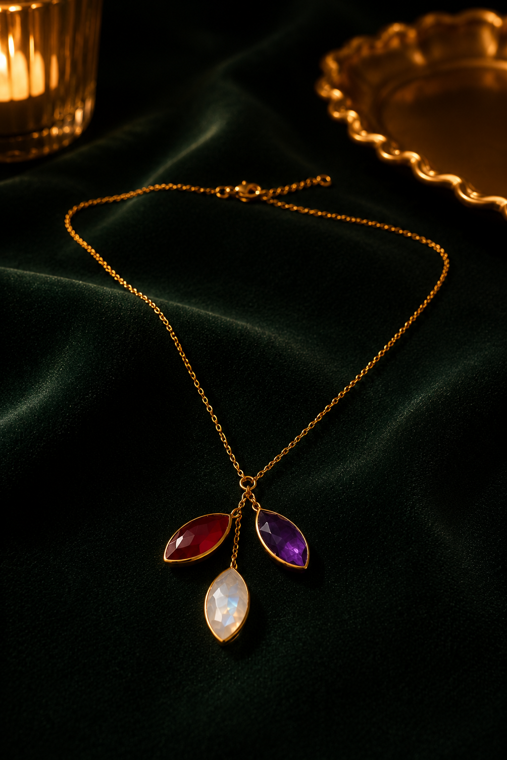 Amethyst Carnelian and Moonstone Necklace with natural amethyst carnelian and rainbow moonstone in 18K gold vermeil 925 sterling silver, daylight shot