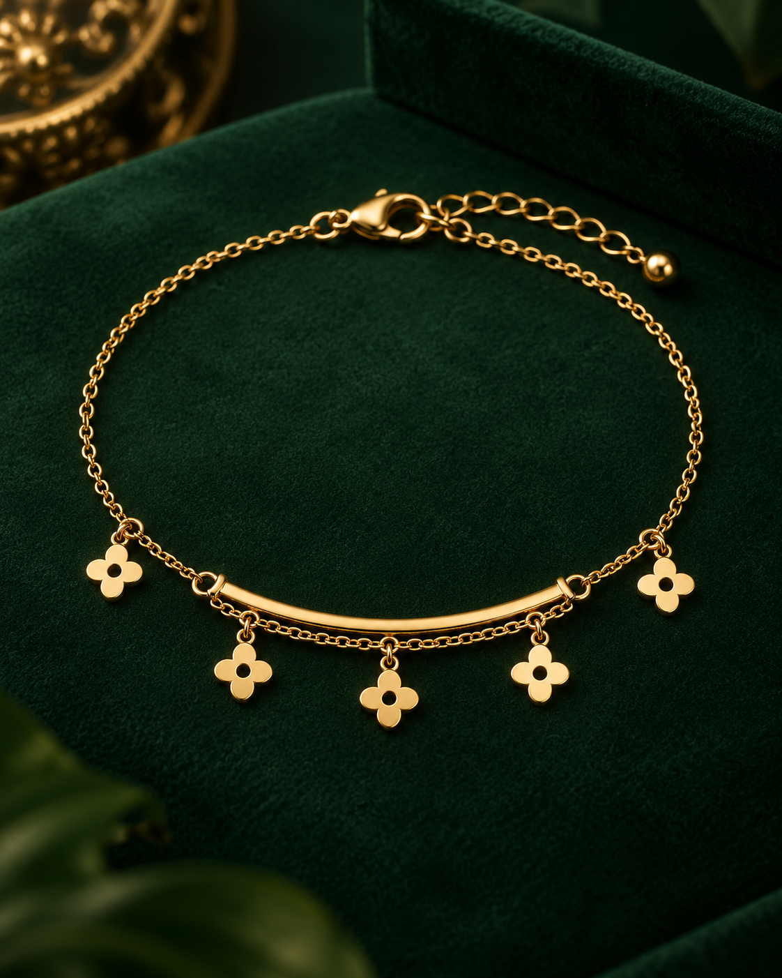 Clover Charm Bar Bracelet, gold tone stainless steel with five open clover charms