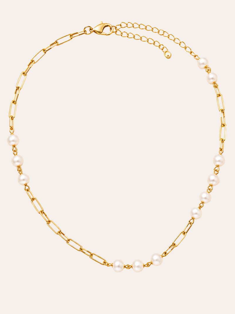 Freshwater Pearl and Gold Chain Necklace in daylight