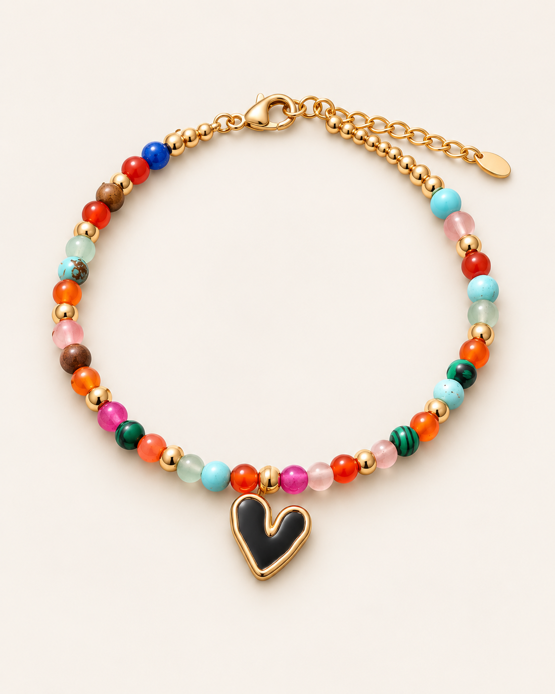 Mosaic Heart Bracelet, multicoloured bead bracelet with black heart charm in gold-tone stainless steel