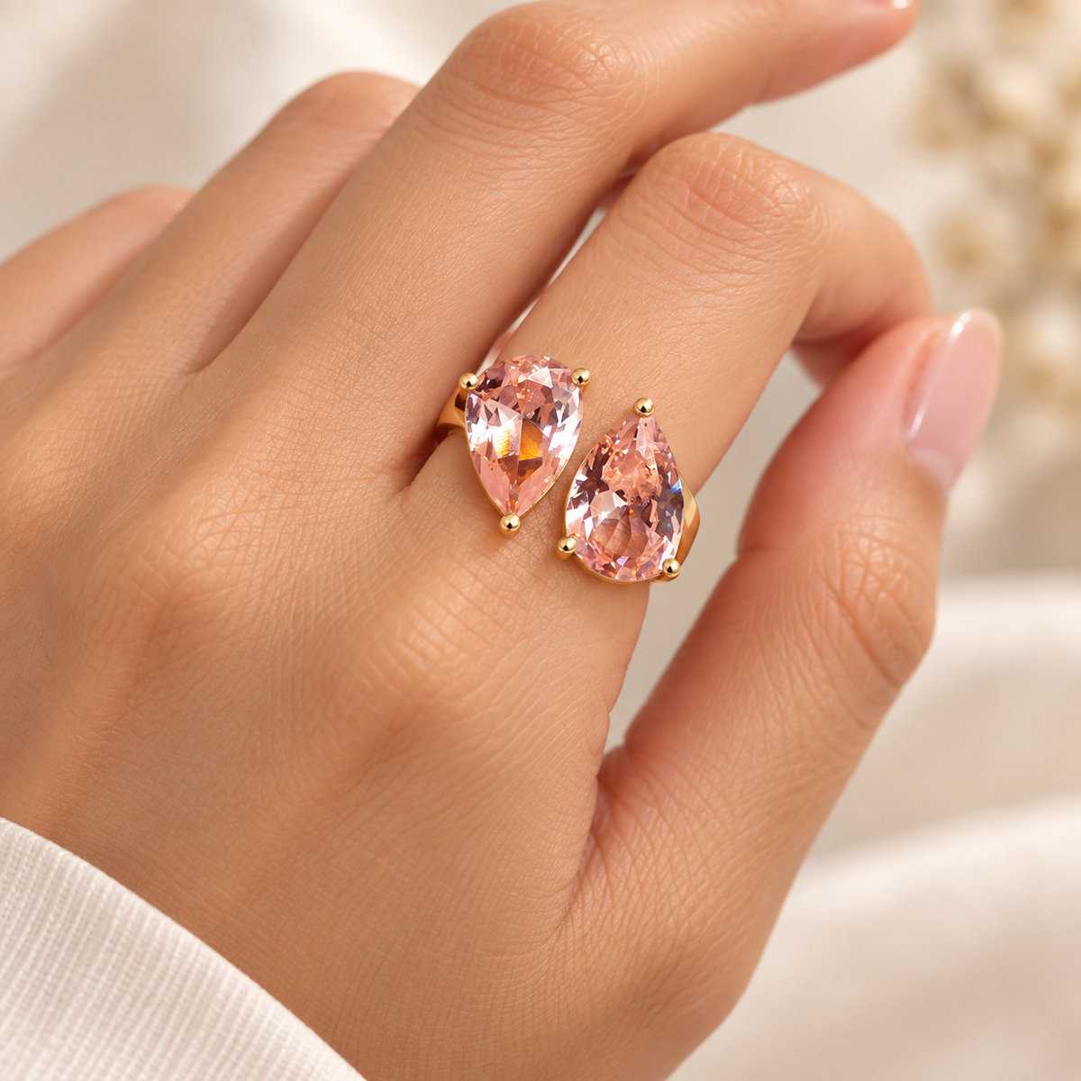 Blush Toi et Moi ring on ivory, gold tone stainless steel with two blush pear cut crystals