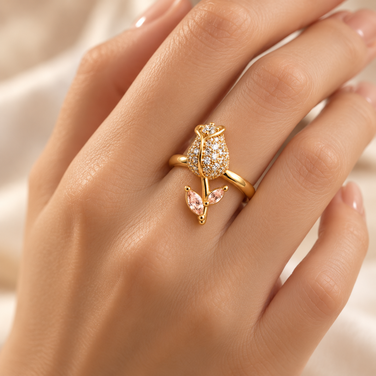 Tulip Ring on dark green, gold tone stainless steel flower ring