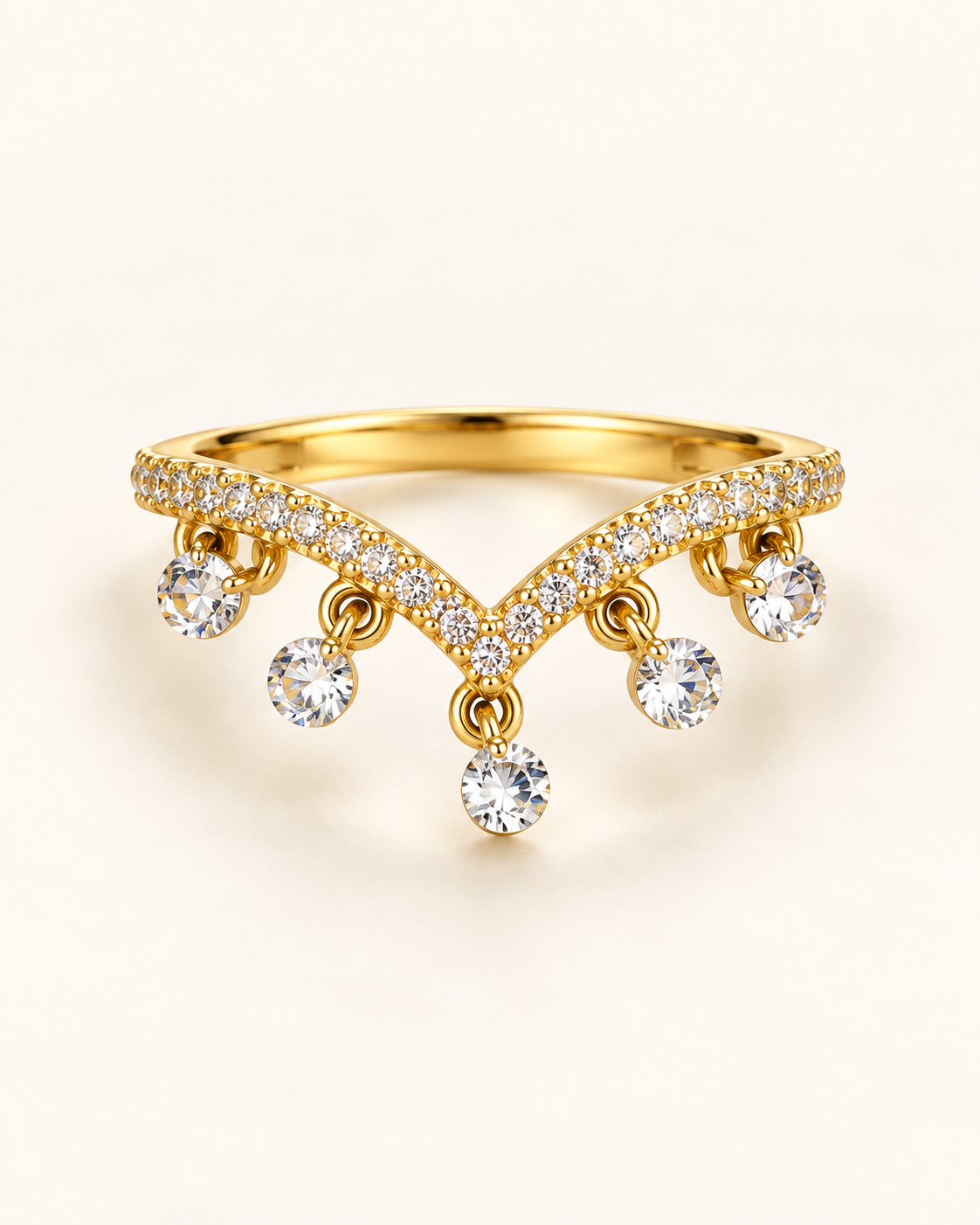 Chandelier Ring in gold tone stainless steel, V shaped pave band with five hanging round stones