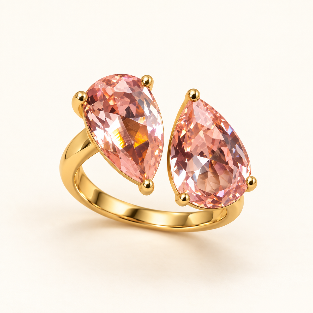Blush Toi et Moi ring on dark green, two pear cut crystals in gold tone stainless steel