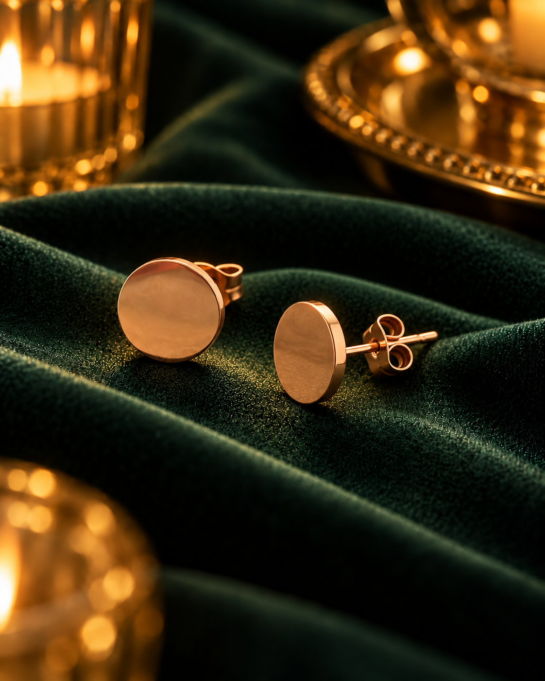 Disc Stud Earrings, flat round gold tone stainless steel studs