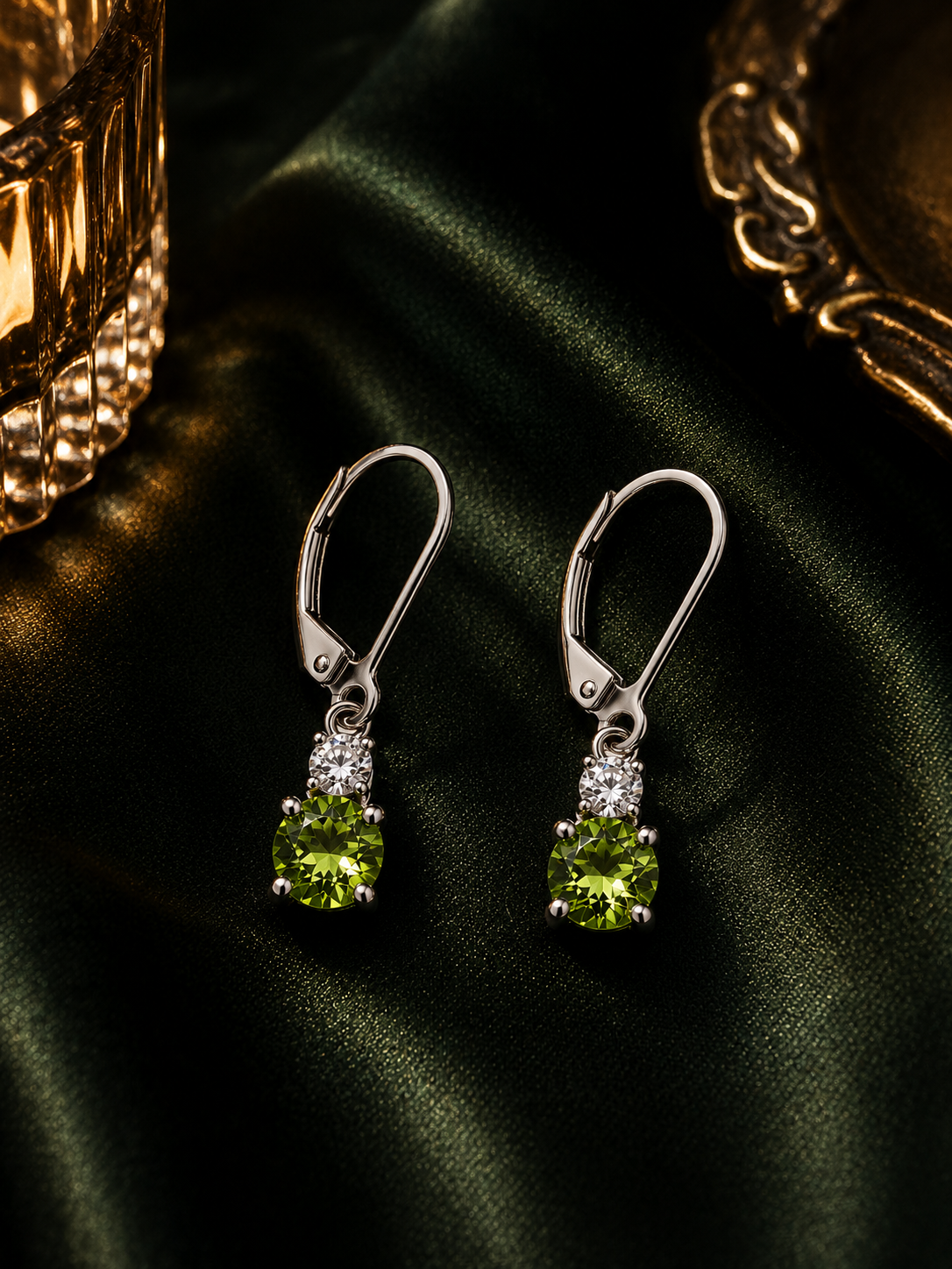 Green Onyx Drop Earrings with natural green onyx in 925 sterling silver rhodium finish, daylight shot