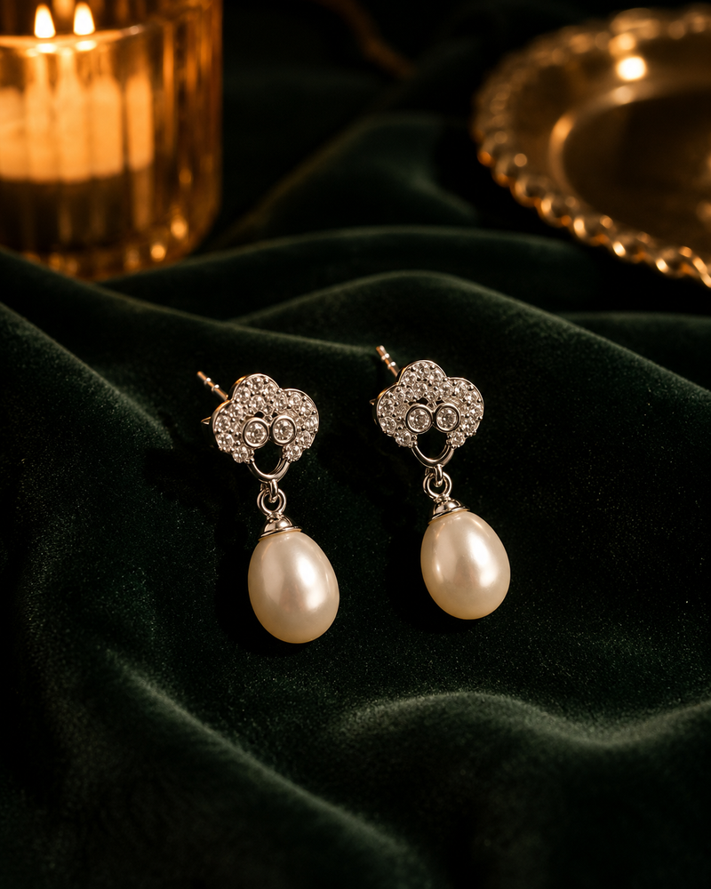 Pearl Drop Earrings in evening light