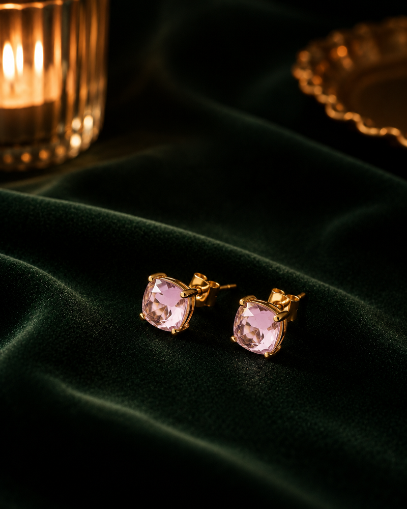Amethyst Square Stud Earrings in evening light