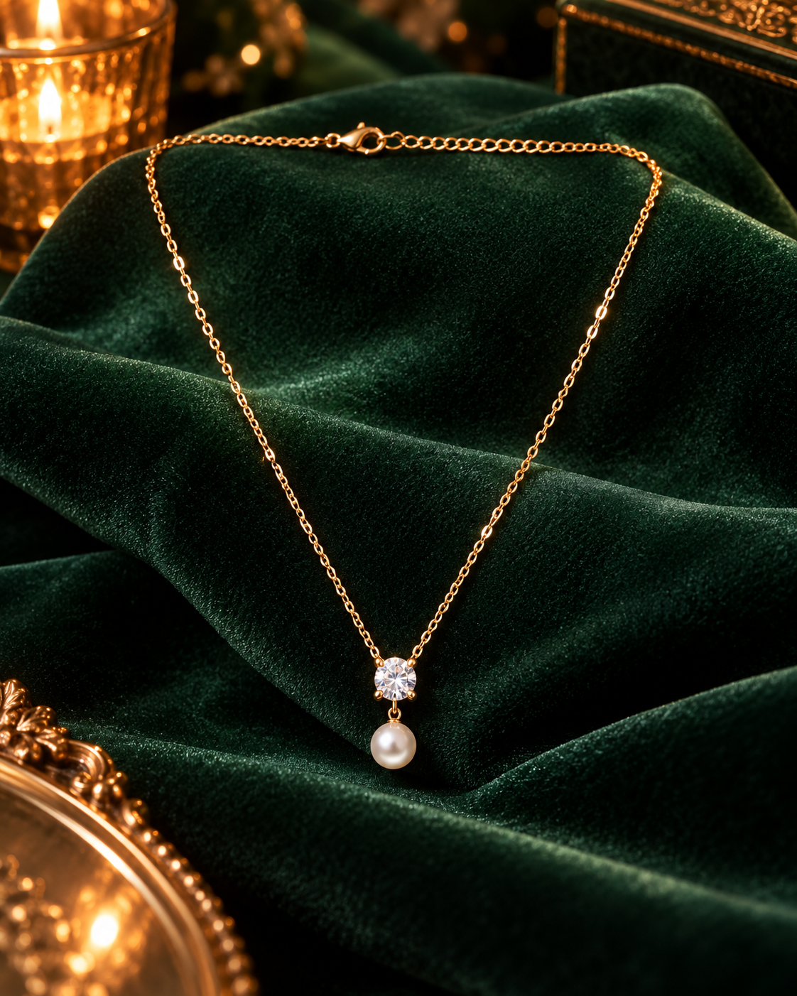 Solitaire Pearl Drop Necklace, gold tone stainless steel with a cubic zirconia and imitation pearl drop