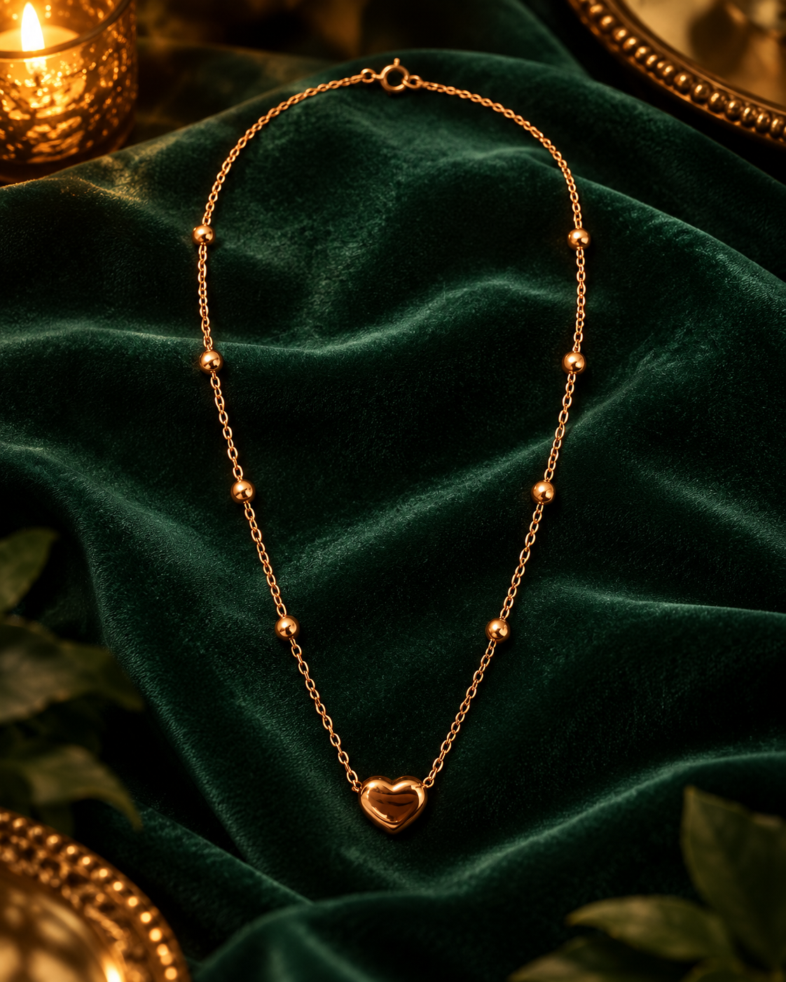 Bead Chain Heart Necklace, gold tone stainless steel chain with ten beads and a puffed heart