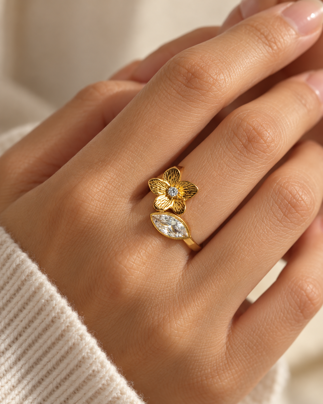 Orchid Ring, gold tone steel statement ring with flower and marquise stone