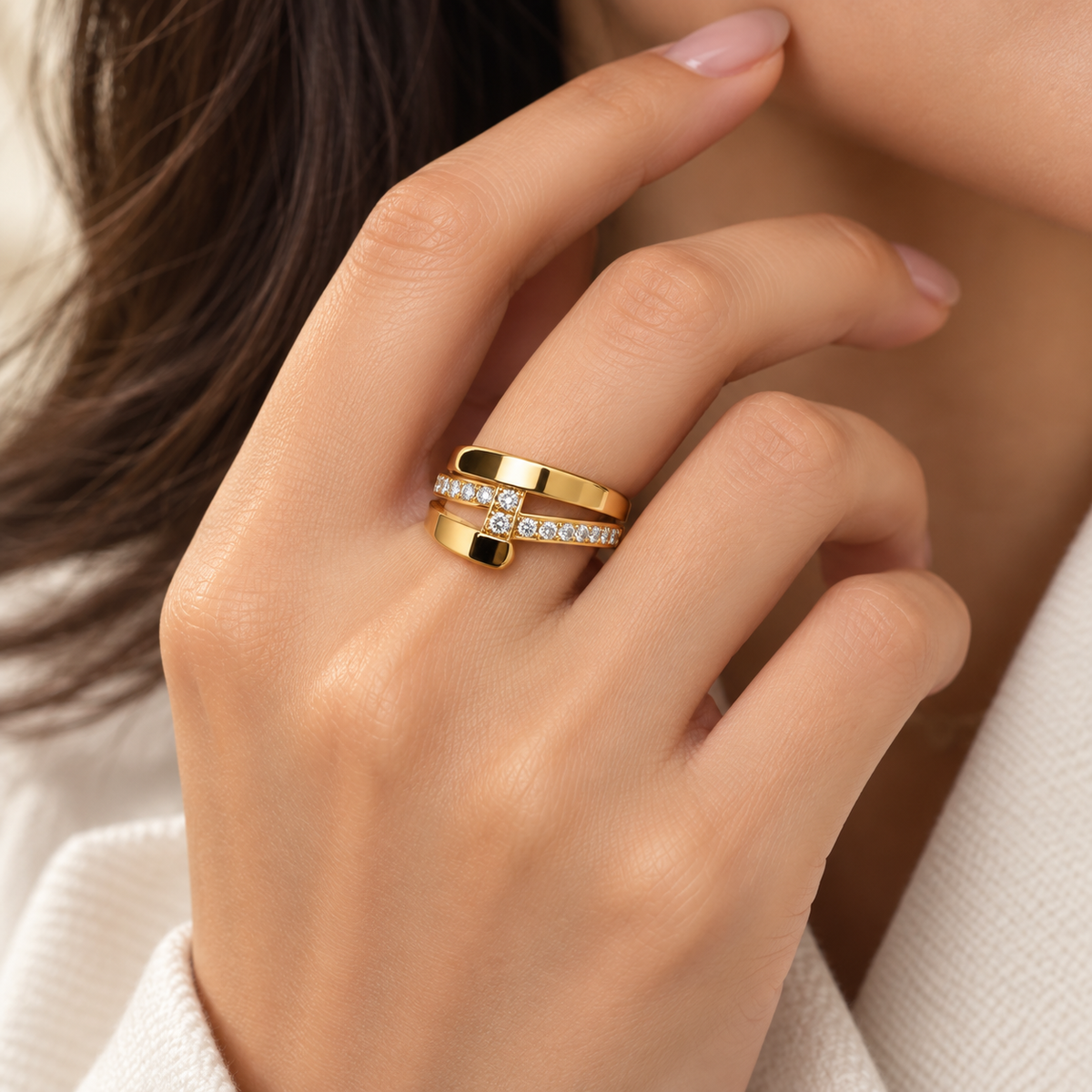 Parallel Ring in gold tone stainless steel, adjustable open double band