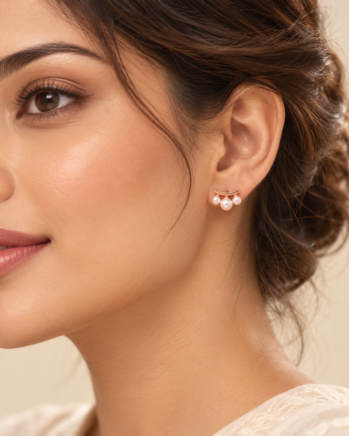 Gold tone bar stud earring with three small imitation pearls, worn in the ear