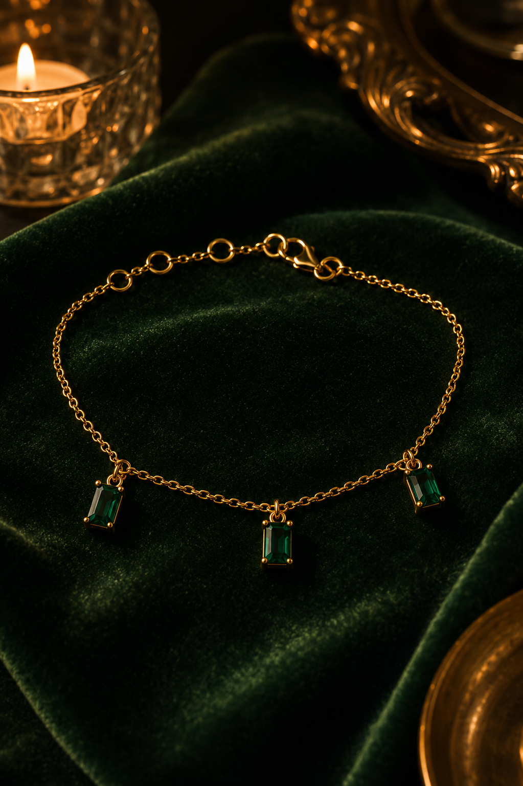Emerald Green Onyx Chain Bracelet with natural green onyx in 18K gold vermeil 925 sterling silver, daylight shot