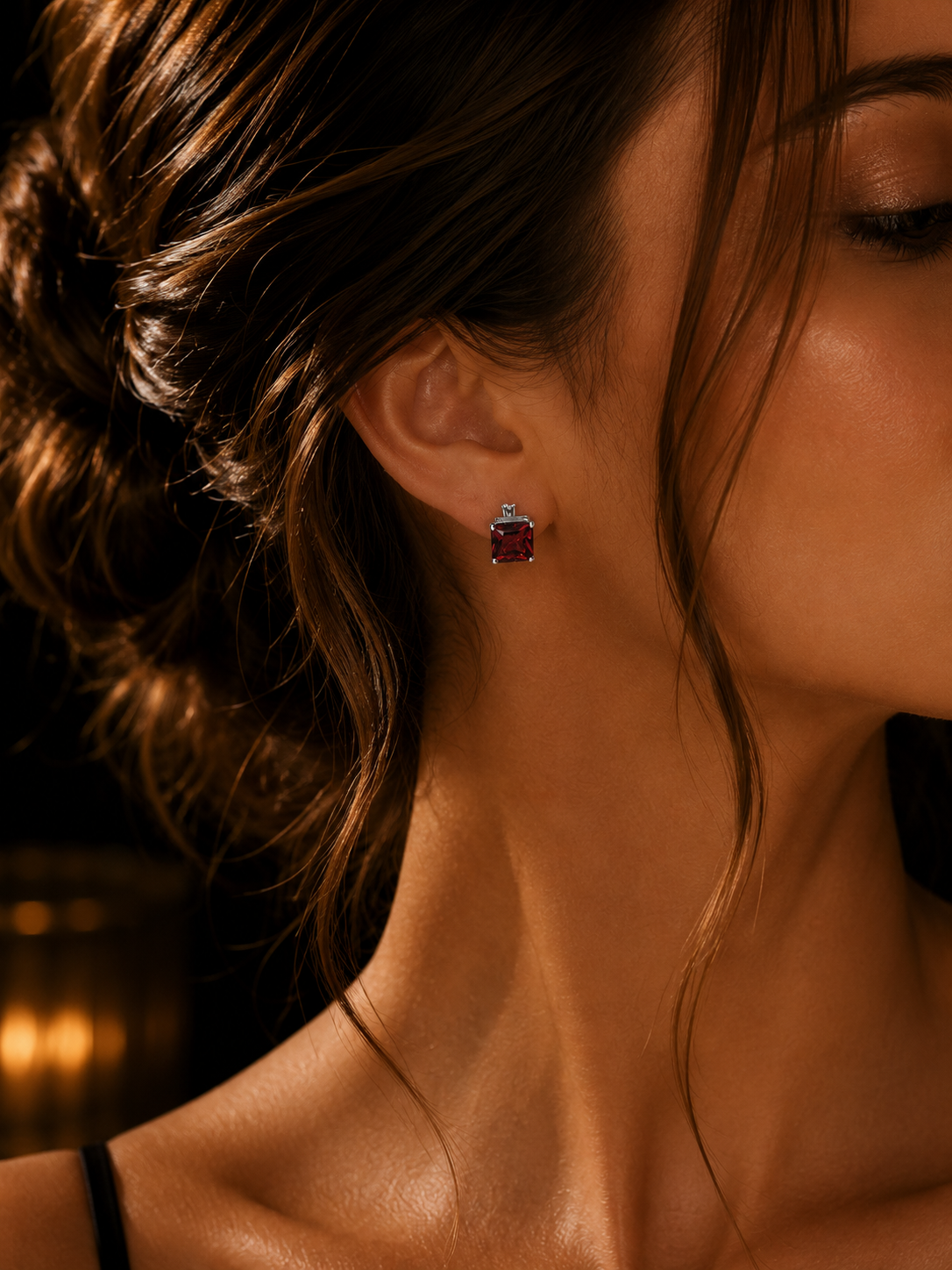 Almandine Garnet Stud Earrings close-up of natural garnet stone