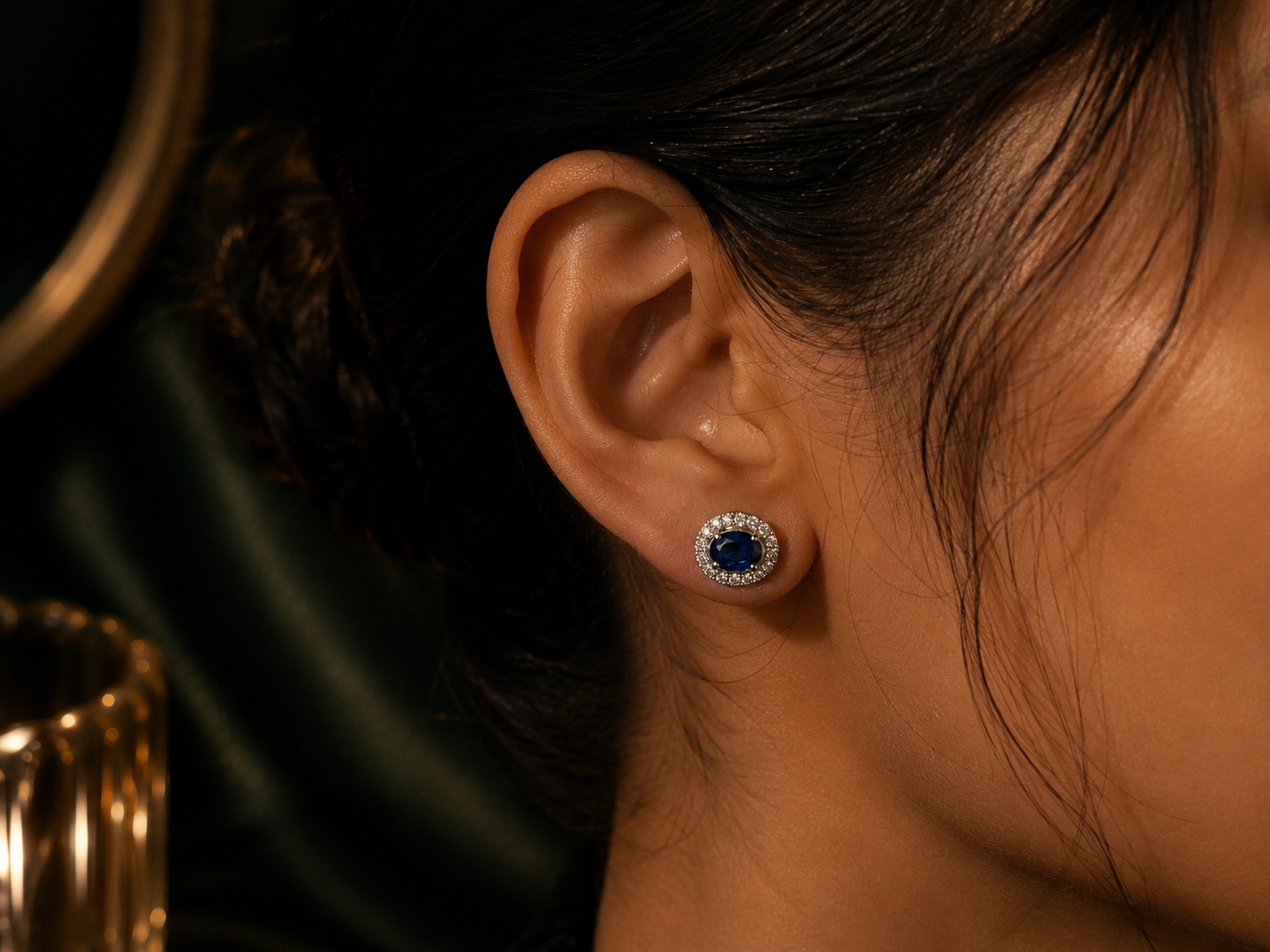 Blue Topaz Halo Stud Earrings side profile view