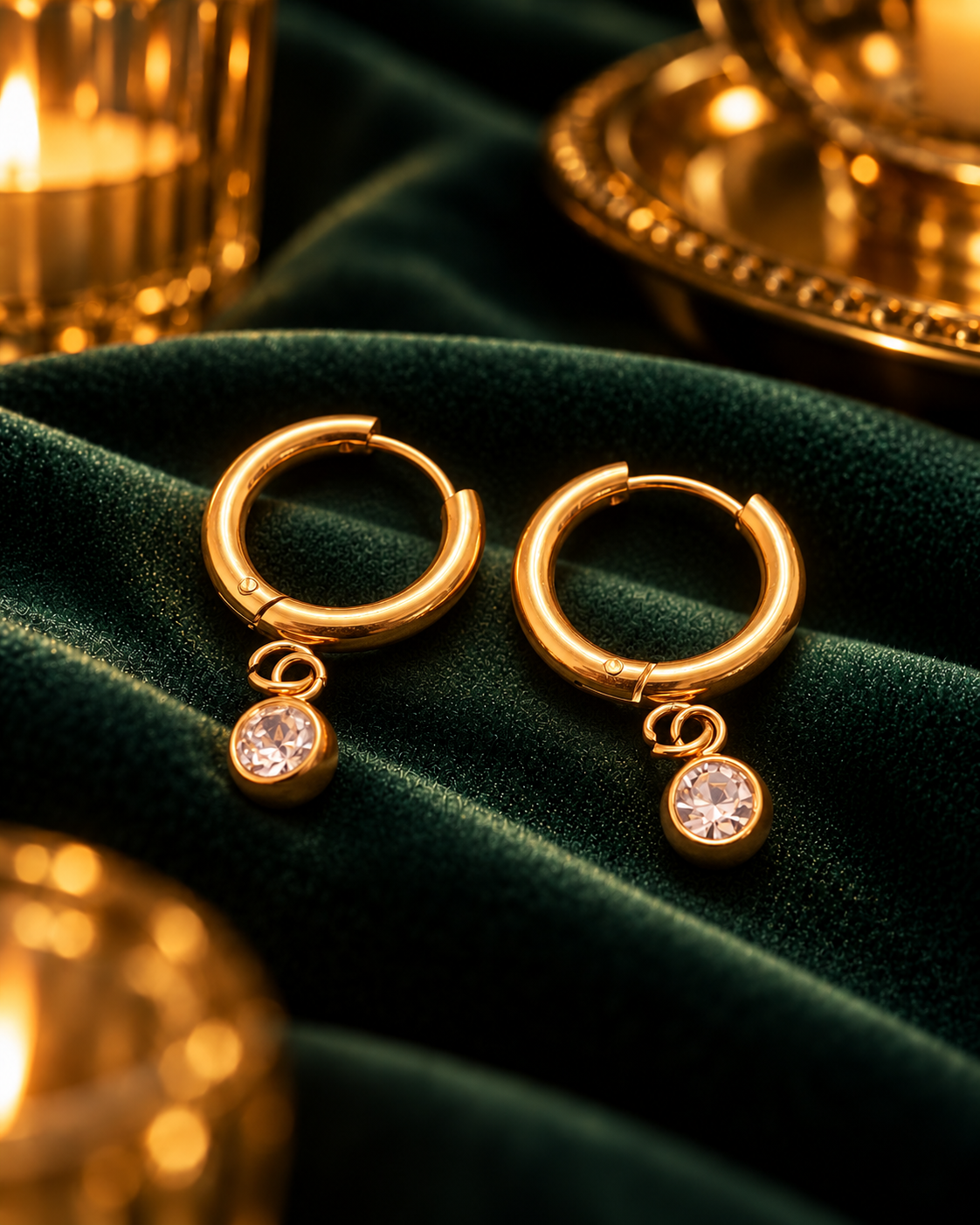 Solitaire Drop Huggie Earrings, gold tone huggie hoops with a single clear stone drop