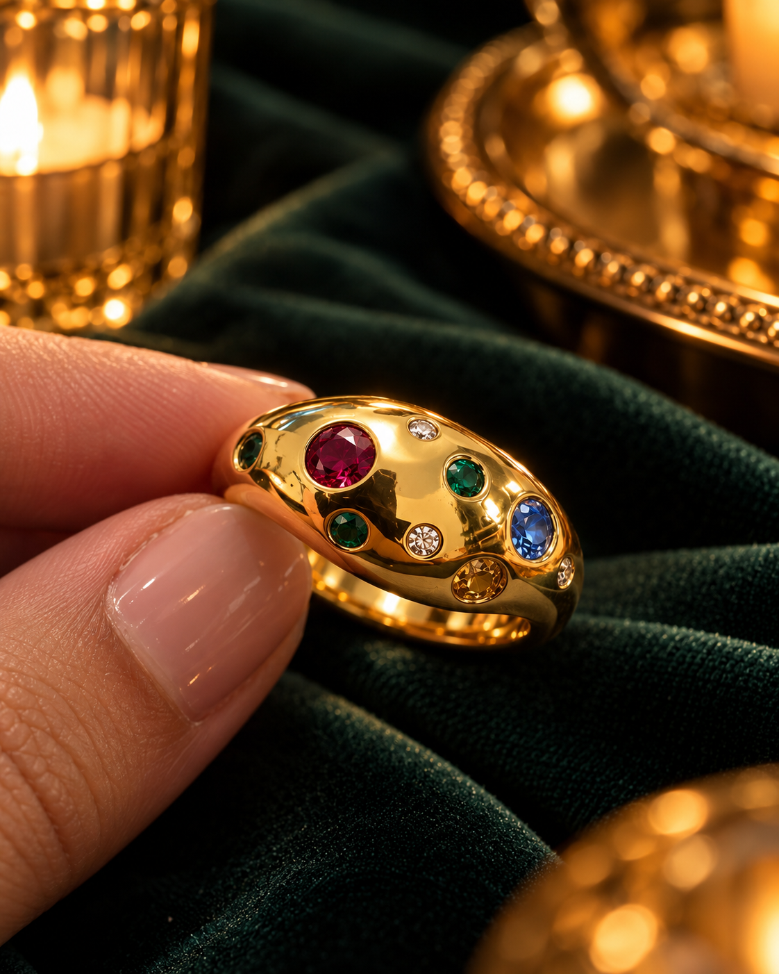 Confetti Dome Ring, polished gold dome scattered with multicoloured bezel set stones