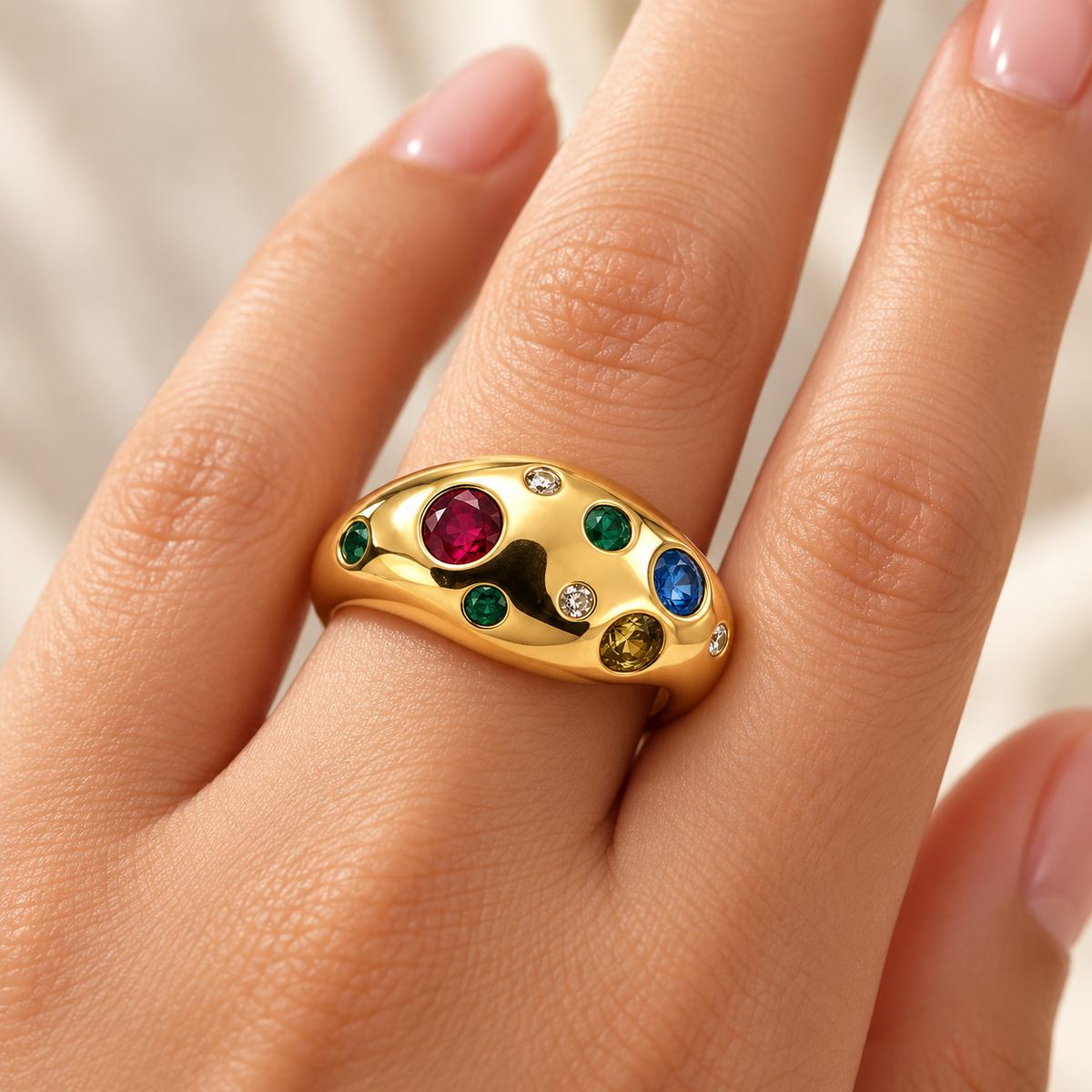 Confetti Dome Ring on dark green, gold tone stainless steel statement ring