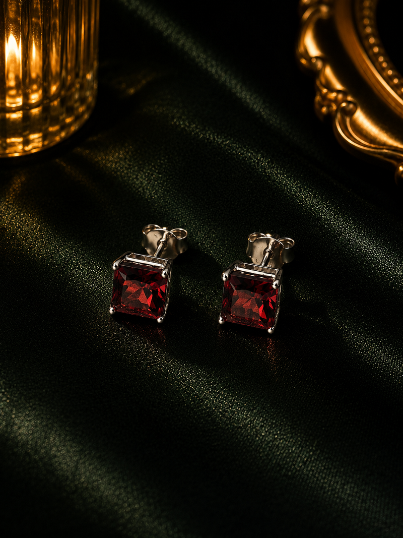 Almandine Garnet Stud Earrings in evening light
