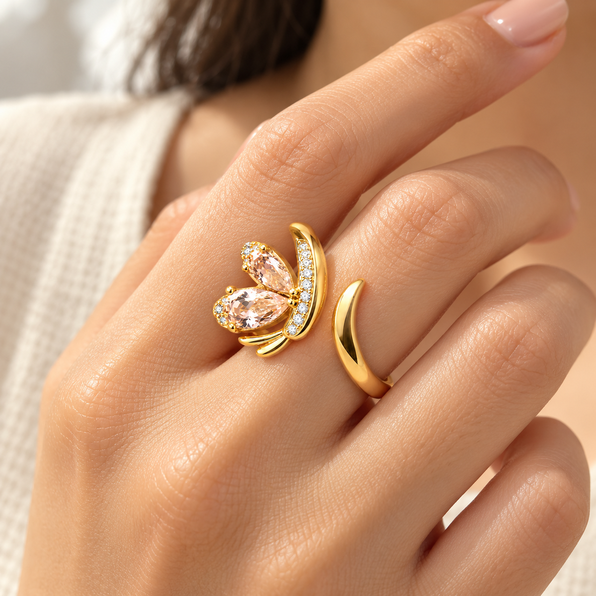 Sweet Pea Ring in gold tone stainless steel, adjustable open band